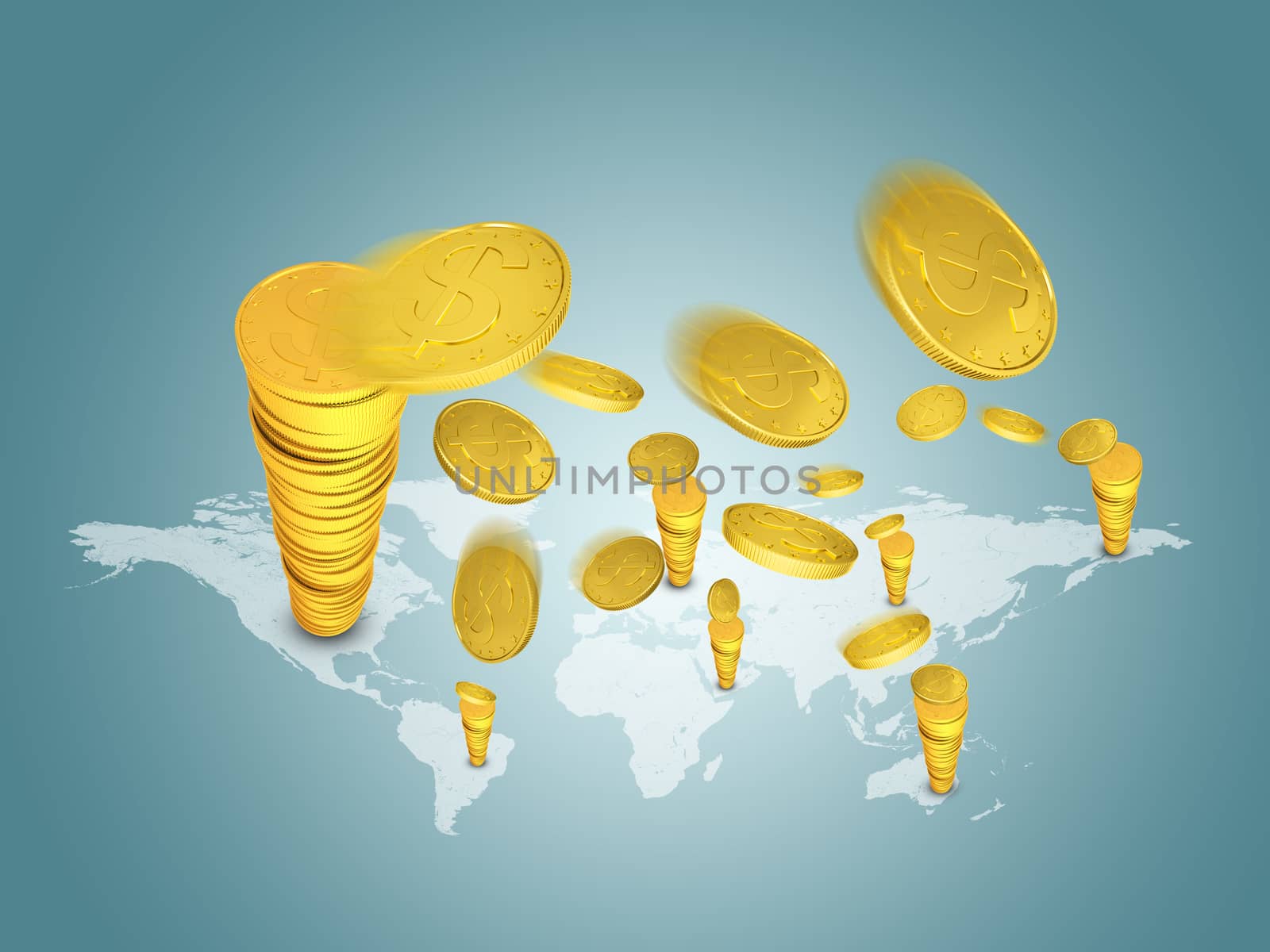 Stacks of gold dollars on world map. Business concept