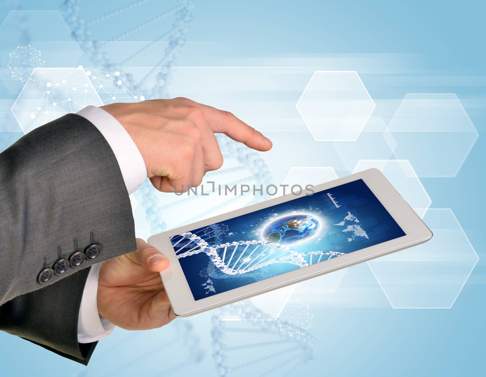Man hands using tablet pc. Image of Earth and DNA helix on tablet screen. Element of this image furnished by NASA