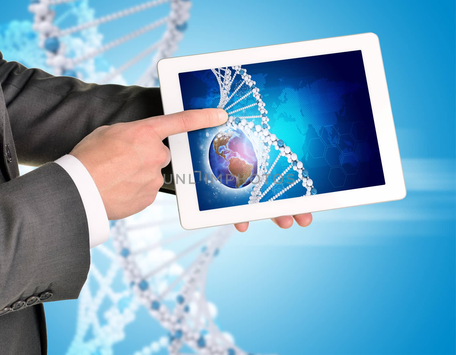 Man hands using tablet pc. Image of Earth and DNA helix on screen by cherezoff