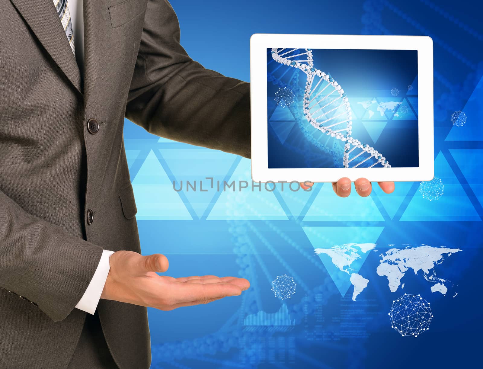 Man hands using tablet pc. Image of DNA helix on screen by cherezoff
