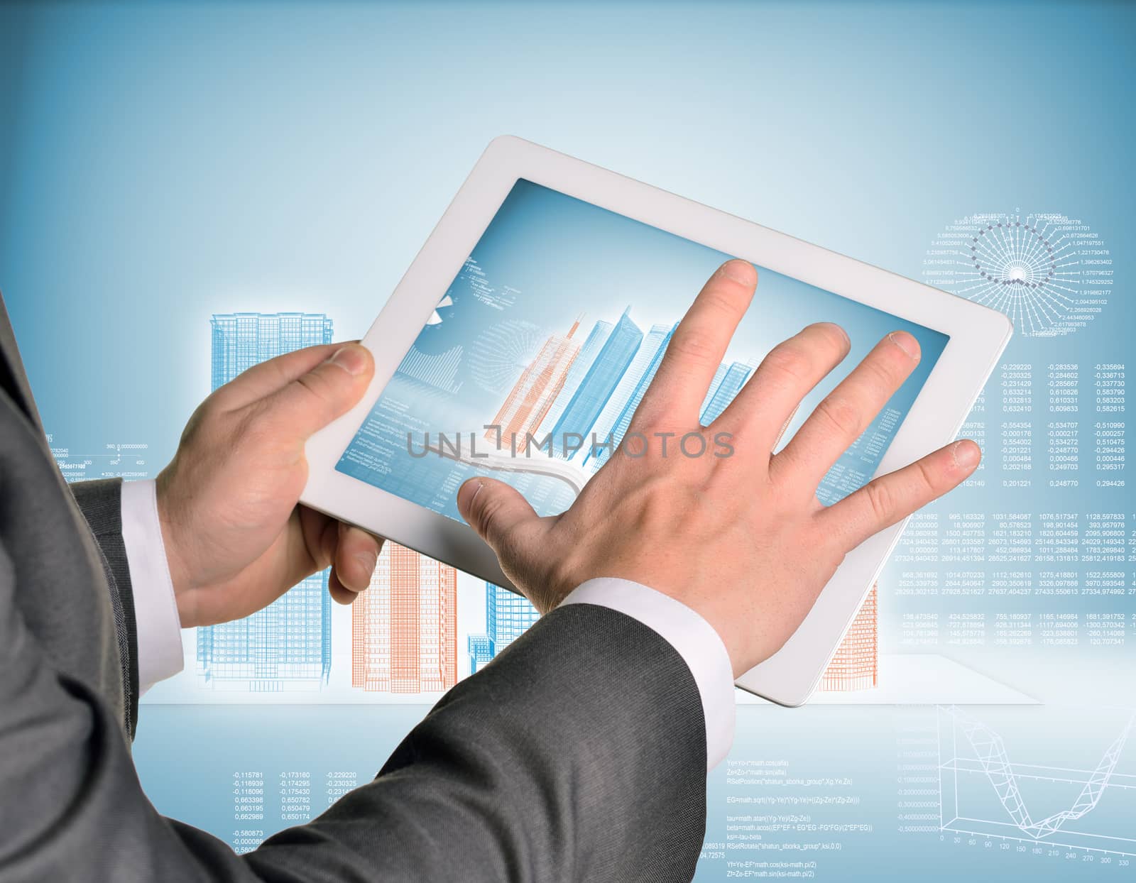 Man hands using tablet pc. Image of wire-frame buildings and open book on tablet screen