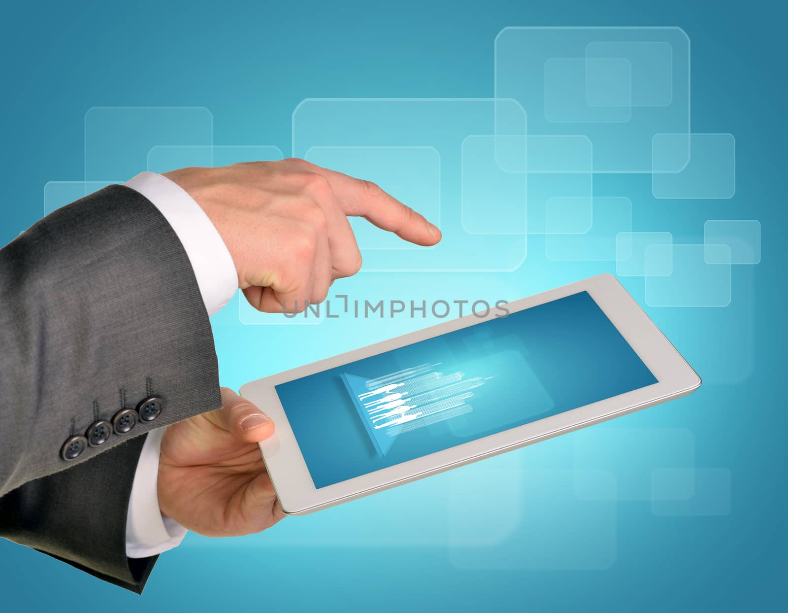 Man hands using tablet pc with wire-frame buildings and business silhouettes on screen by cherezoff