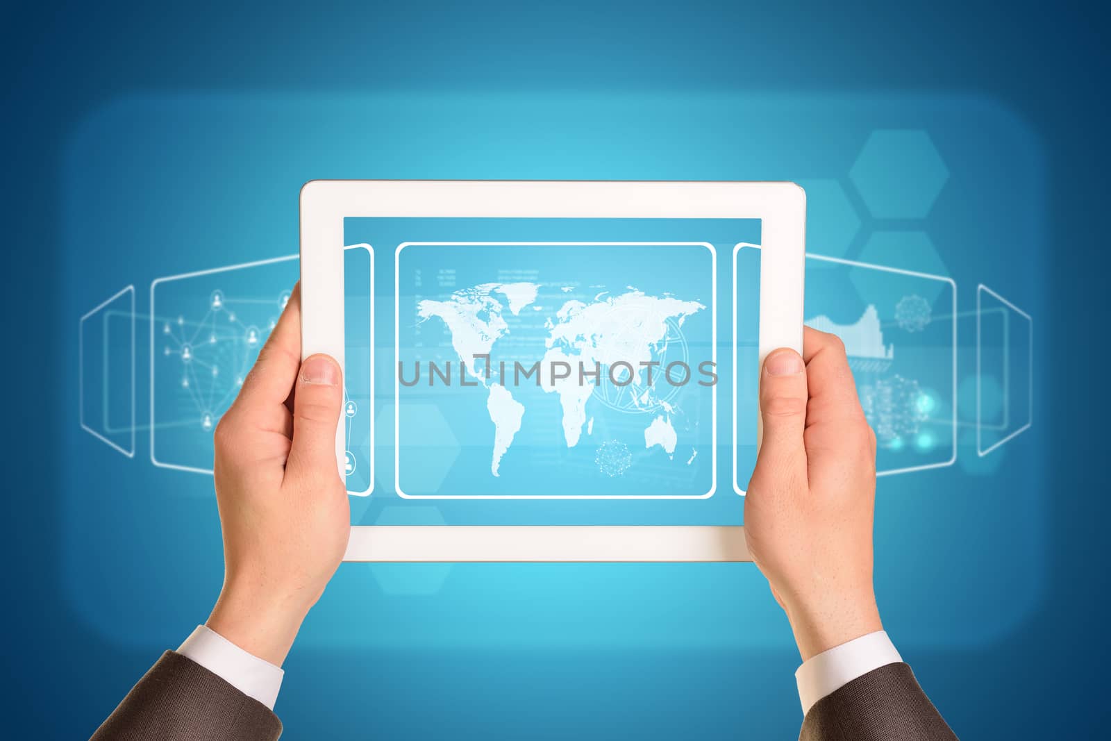 Man hands using tablet pc. Image of world map on tablet screen