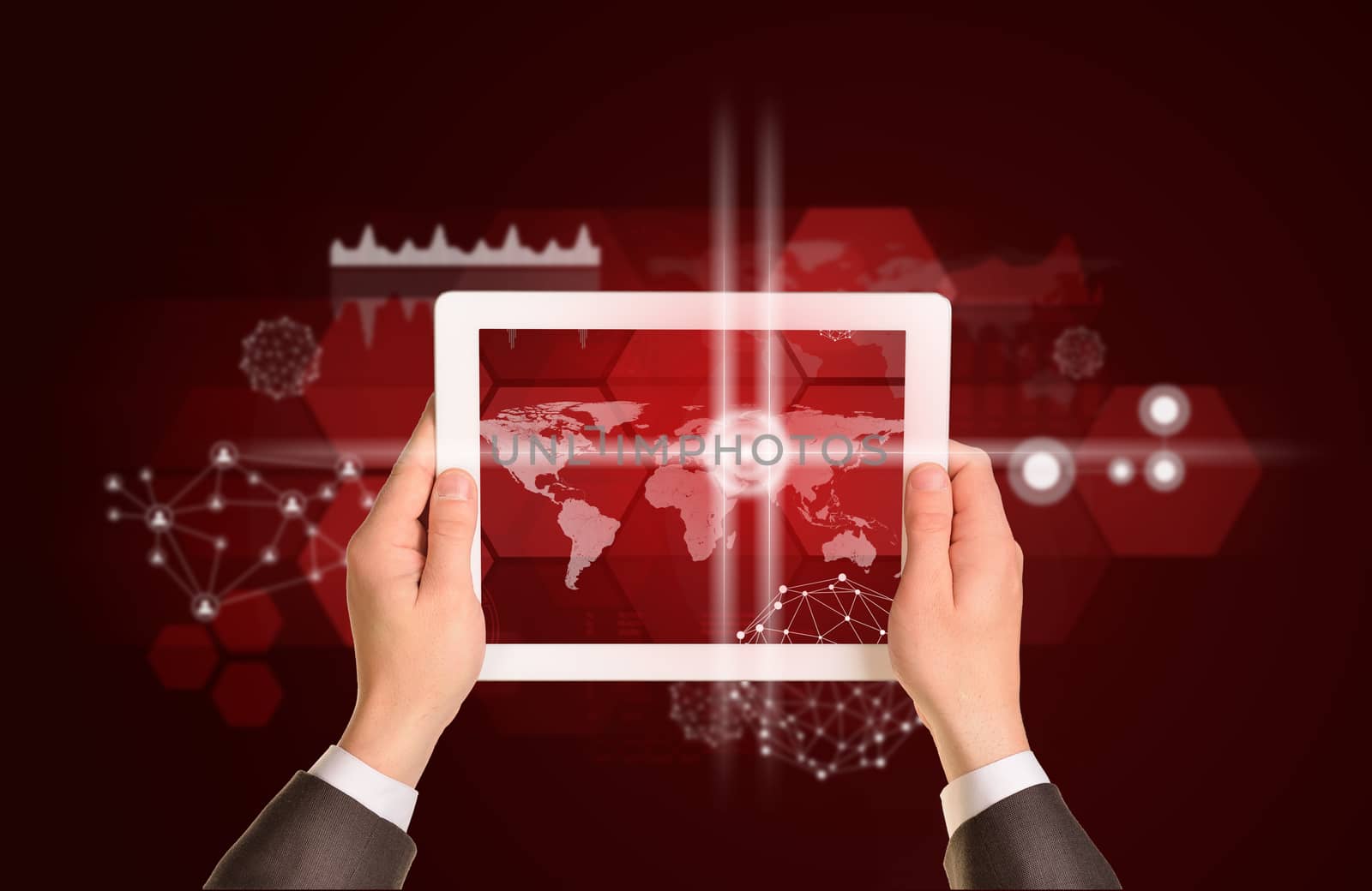 Man hands using tablet pc. Image of world map on tablet screen