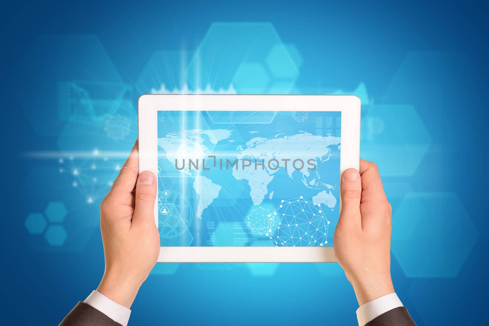 Man hands using tablet pc. Image of business elements on tablet screen