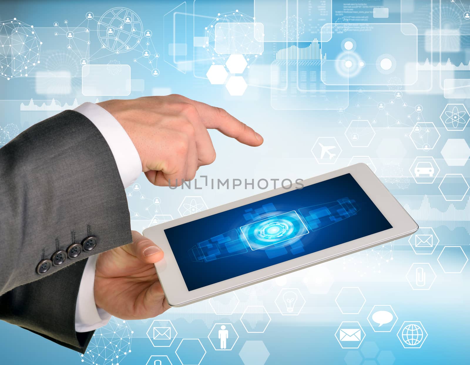 Man hands using tablet pc. Image of business elements on screen by cherezoff