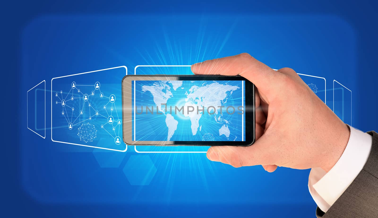 Man hand holding smart phone. Image of world map on screen by cherezoff