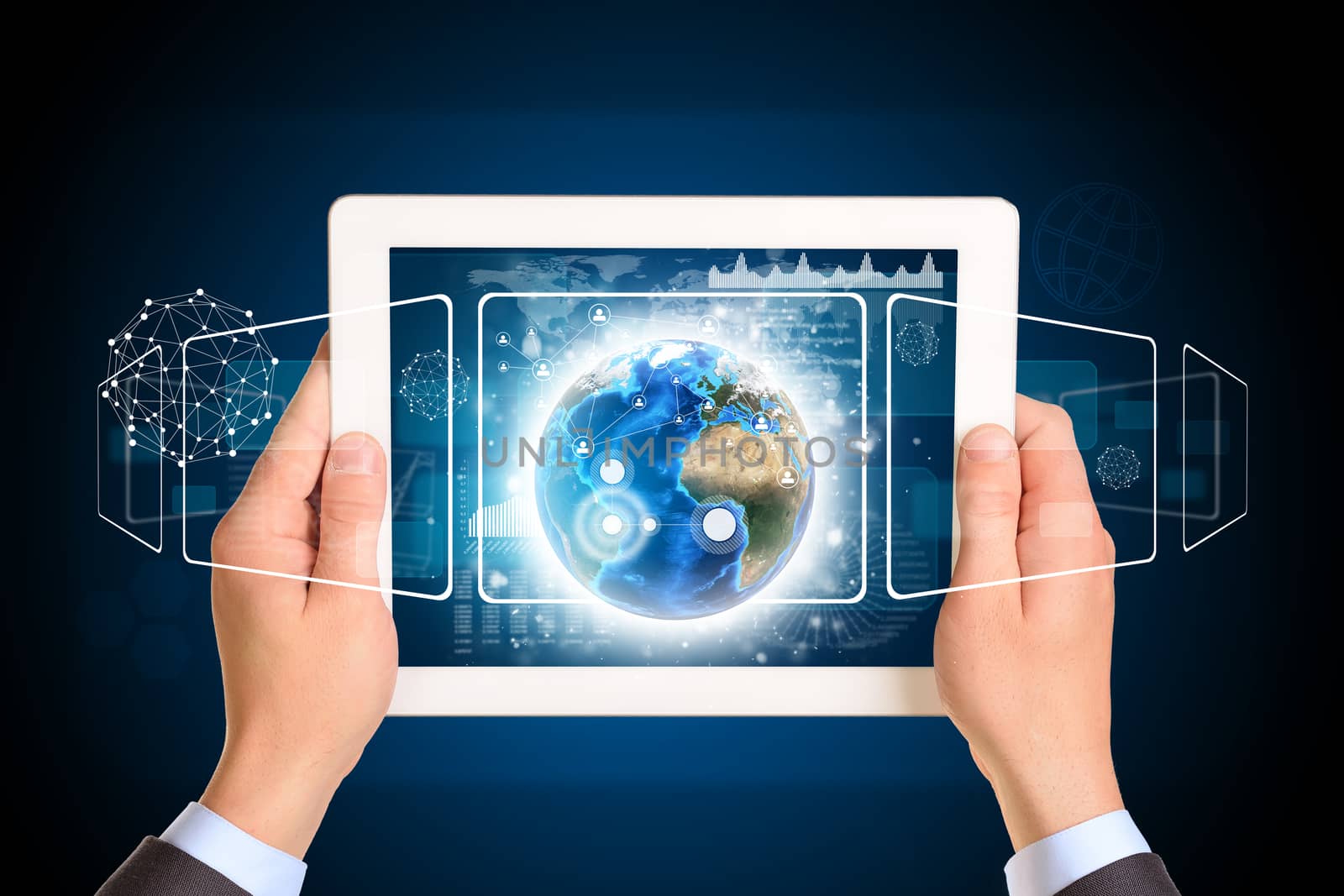 Man hands using tablet pc. Image of Earth and network on tablet screen. Element of this image furnished by NASA