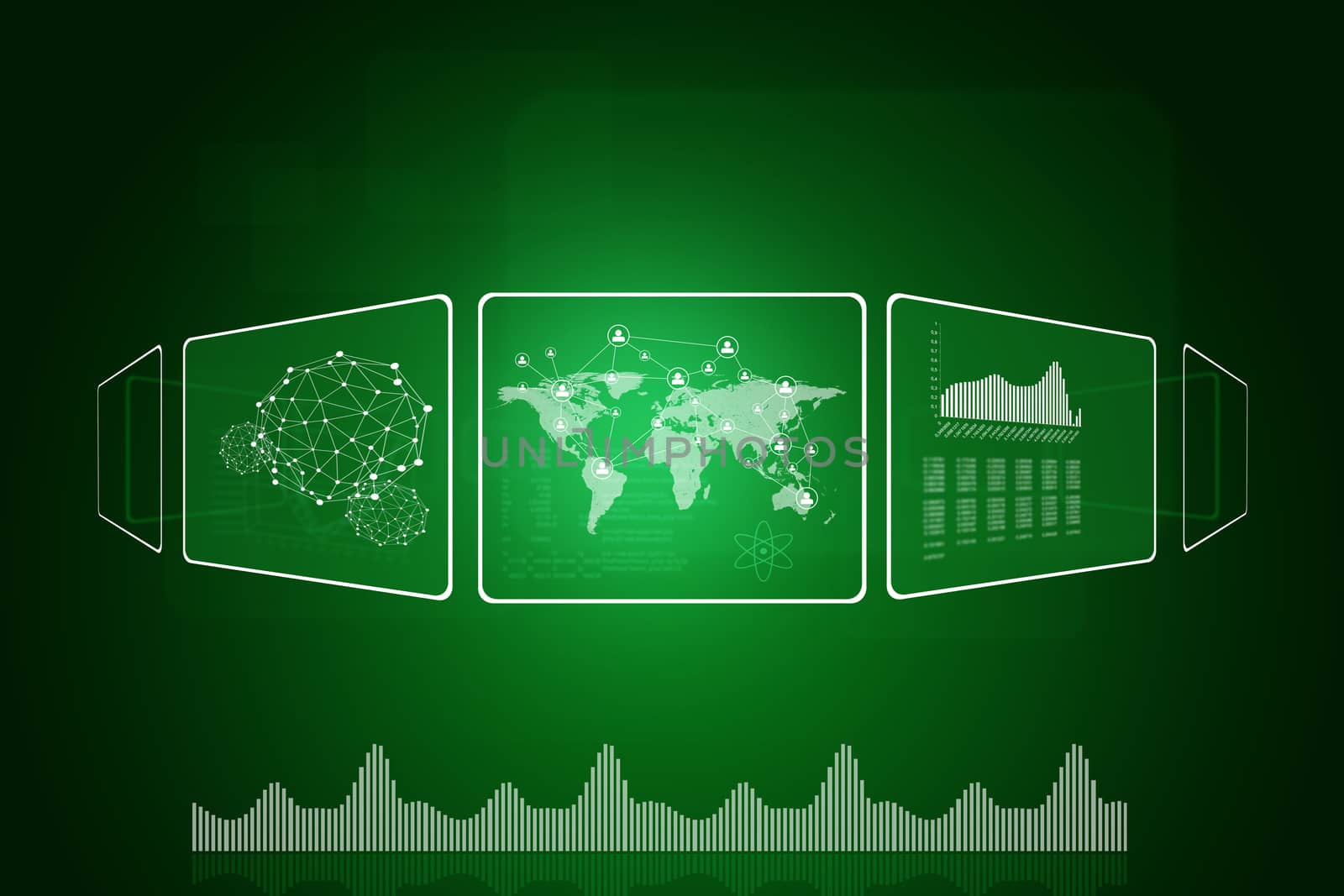World map, network, graphs and wire-frame spheres. Green background