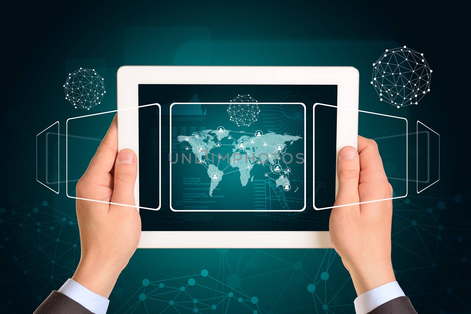 Man hands using tablet pc. Image of world map and network on tablet screen