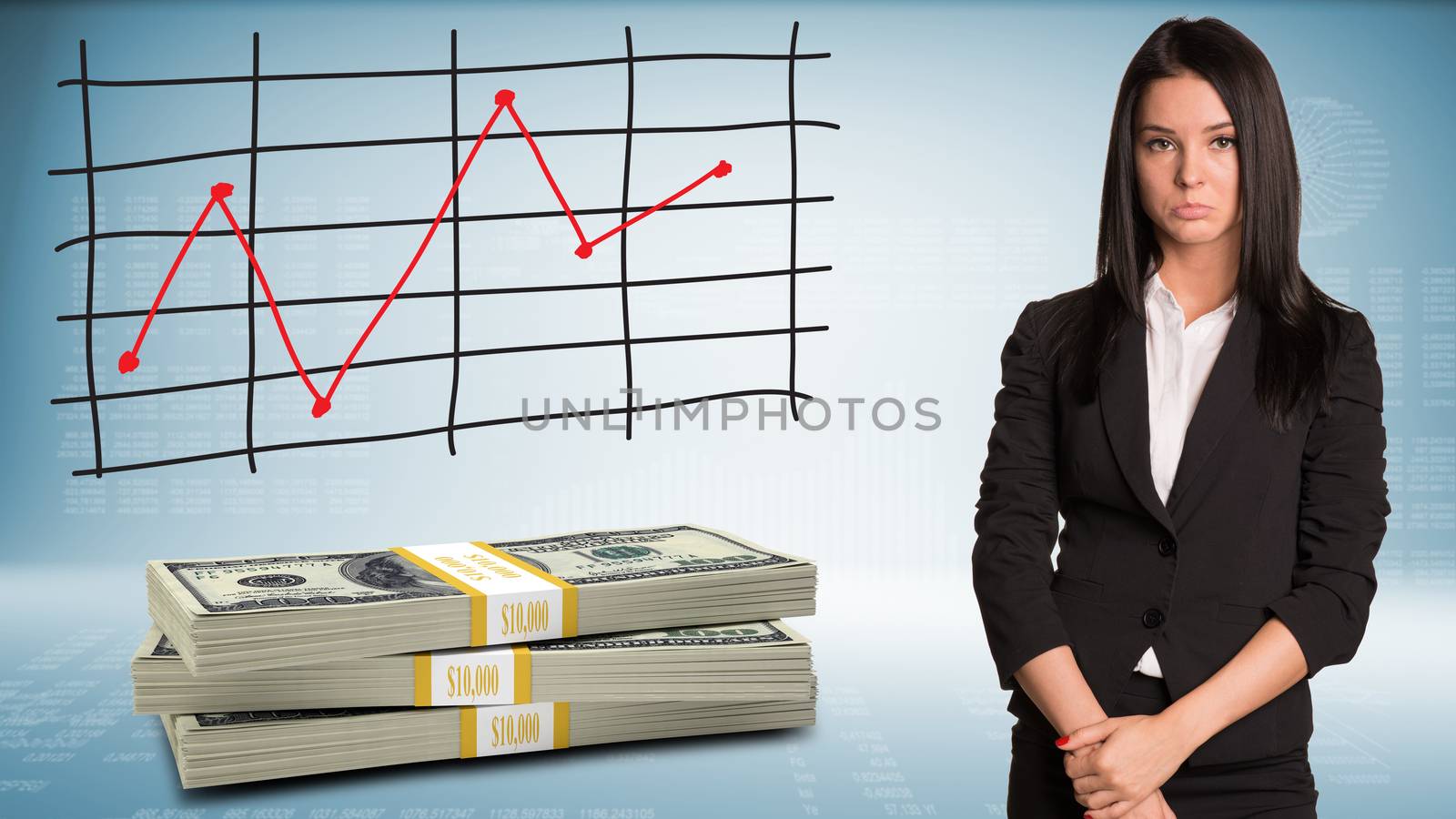 Upset businesswoman looking at camera with packs dollars. Schedule of price increases in background