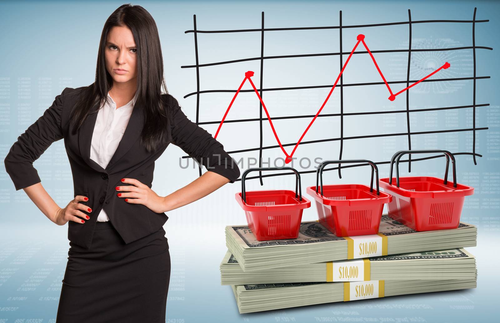 Angry businesswoman with packs dollars and shopping bags. Schedule of price increases in background