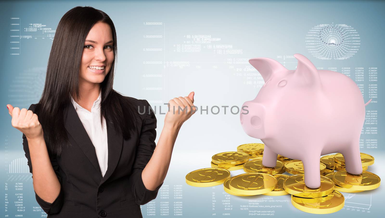 Joyful businesswoman smiling and raise your hands up. Piggy bank with gold dollar coins. Graphs and texts as backdrop