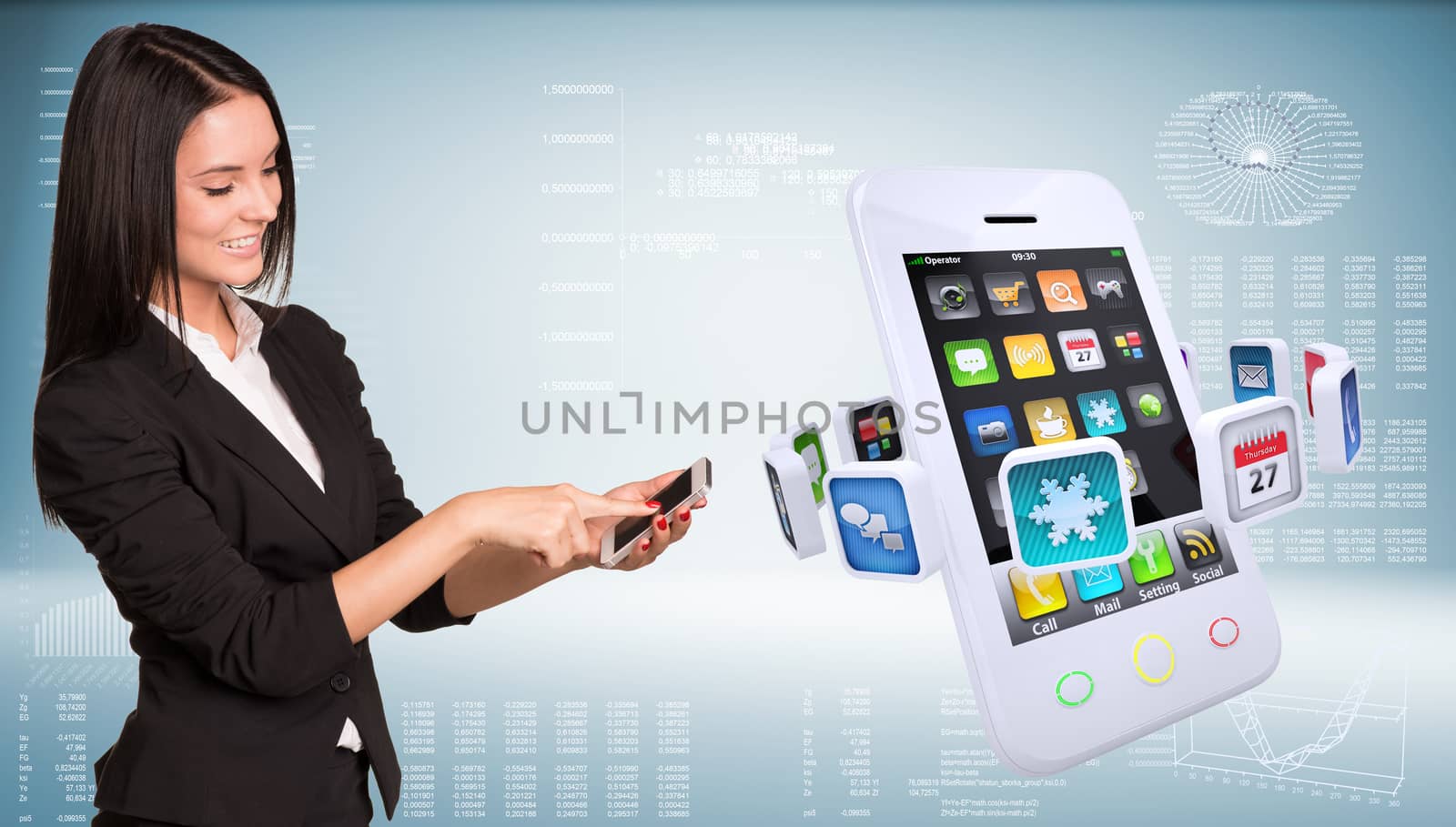 Businesswoman holding smart phone and smiling. Big smart phone with app icons. High-tech graphs at backdrop