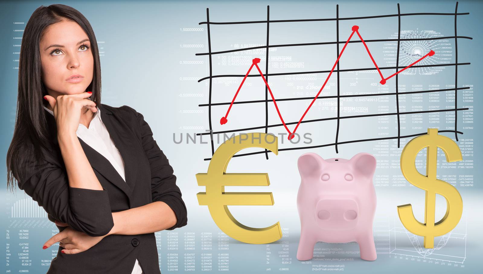 Lost in thought businesswoman looking up. Piggy bank with dollar and euro symbol by cherezoff