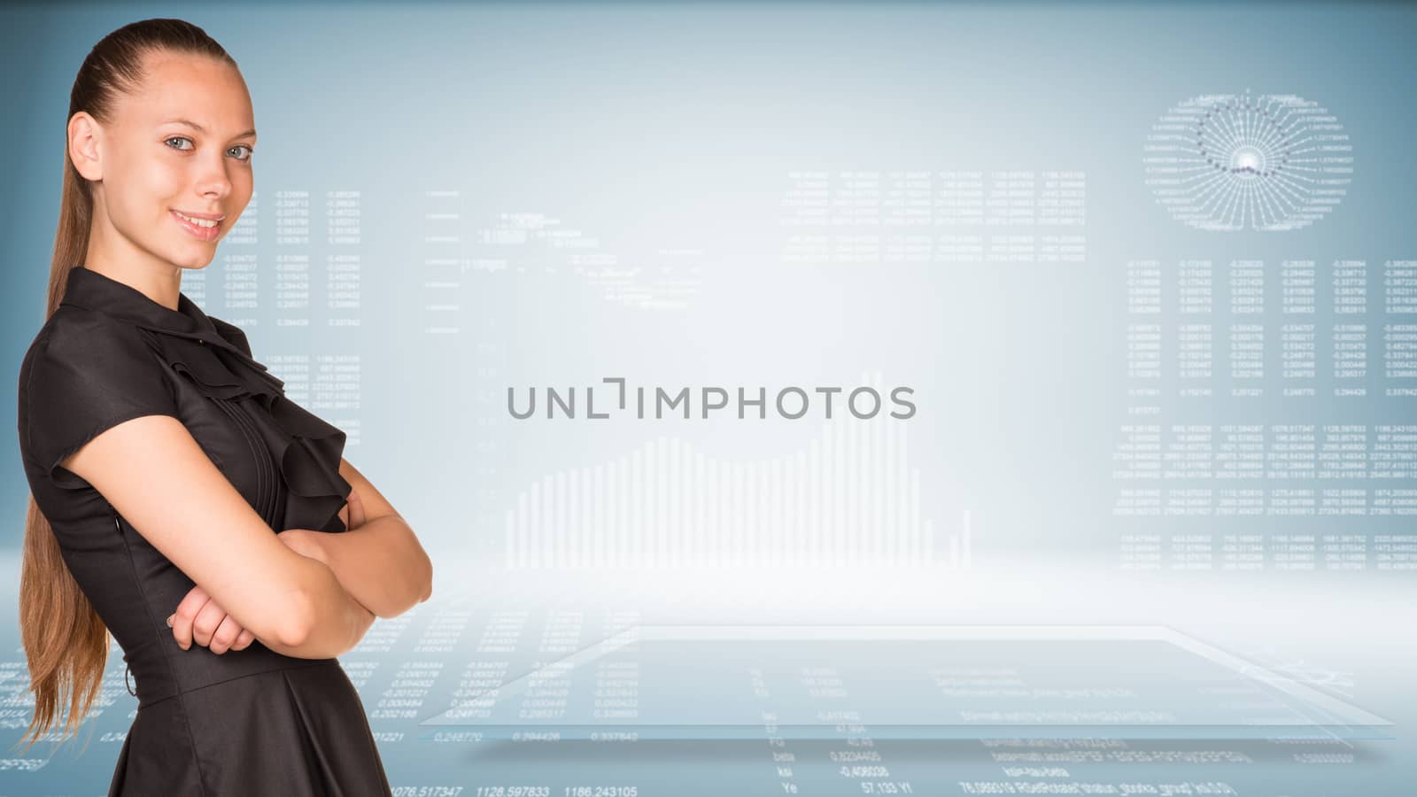 Businesswoman smiling and standing with crossed arms. Transparent plane and graphs with text rows as backdrop