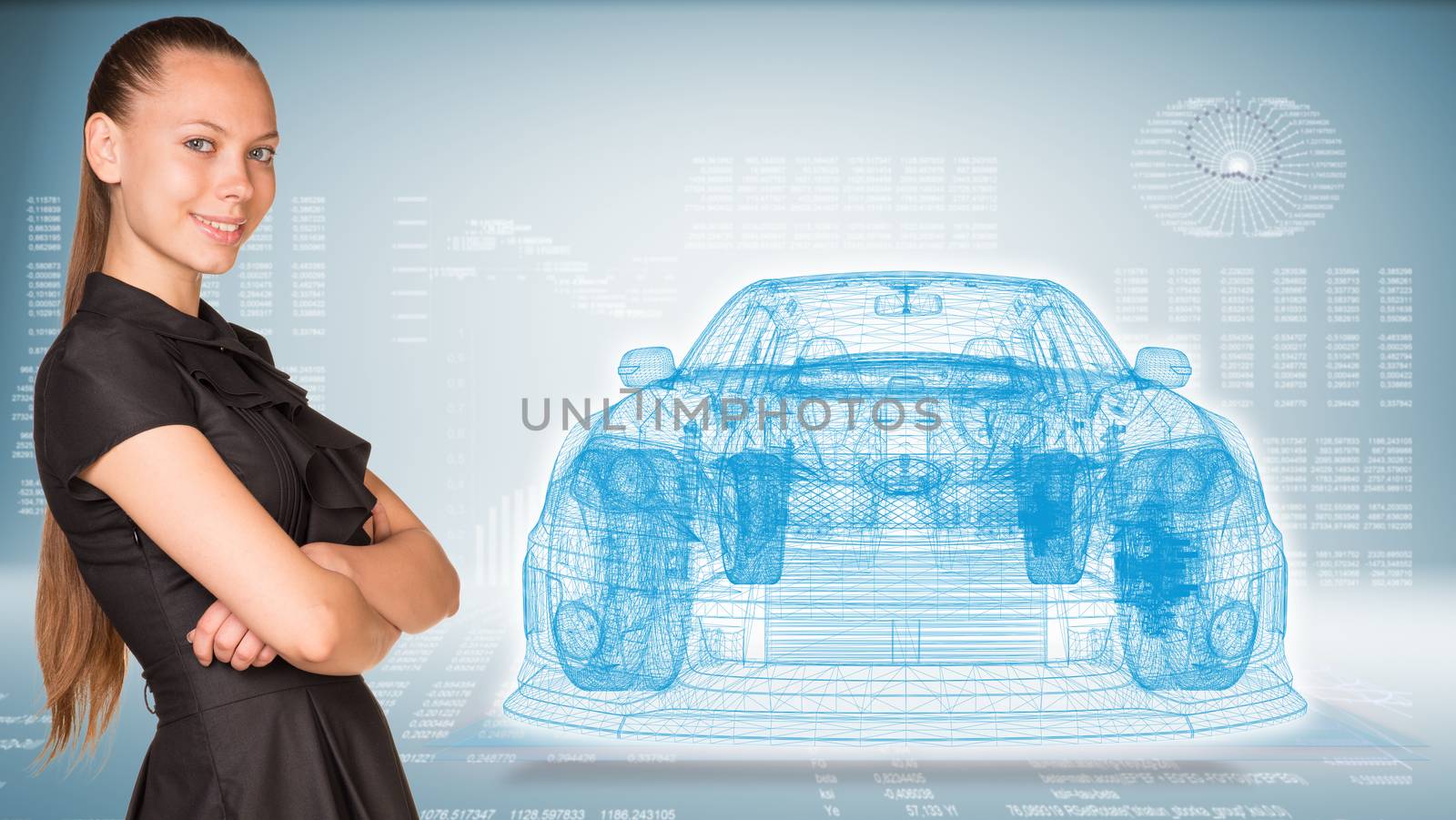 Businesswoman smiling and standing with crossed arms. Glow wire-frame car on transparent plane