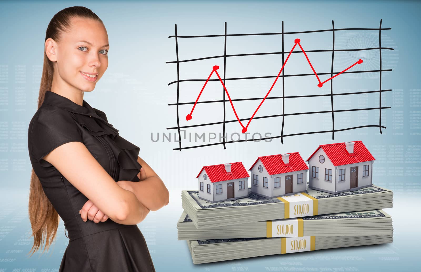 Businesswoman smiling and standing with crossed arms. Dollar packs with row houses as backdrop