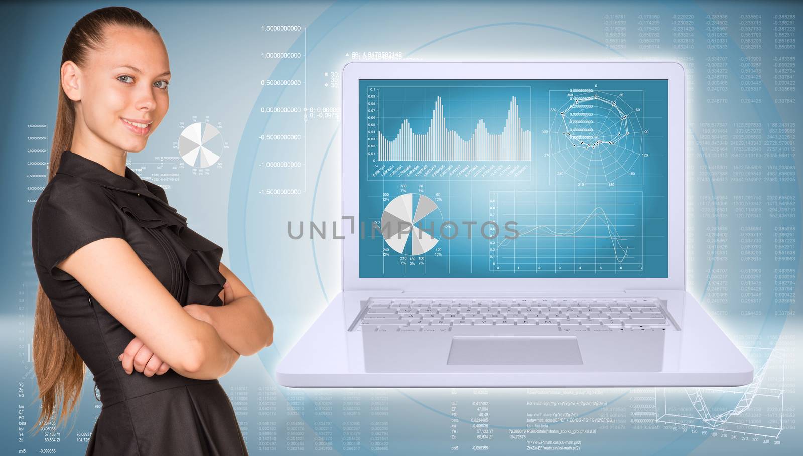Businesswoman and open laptop with graphs by cherezoff