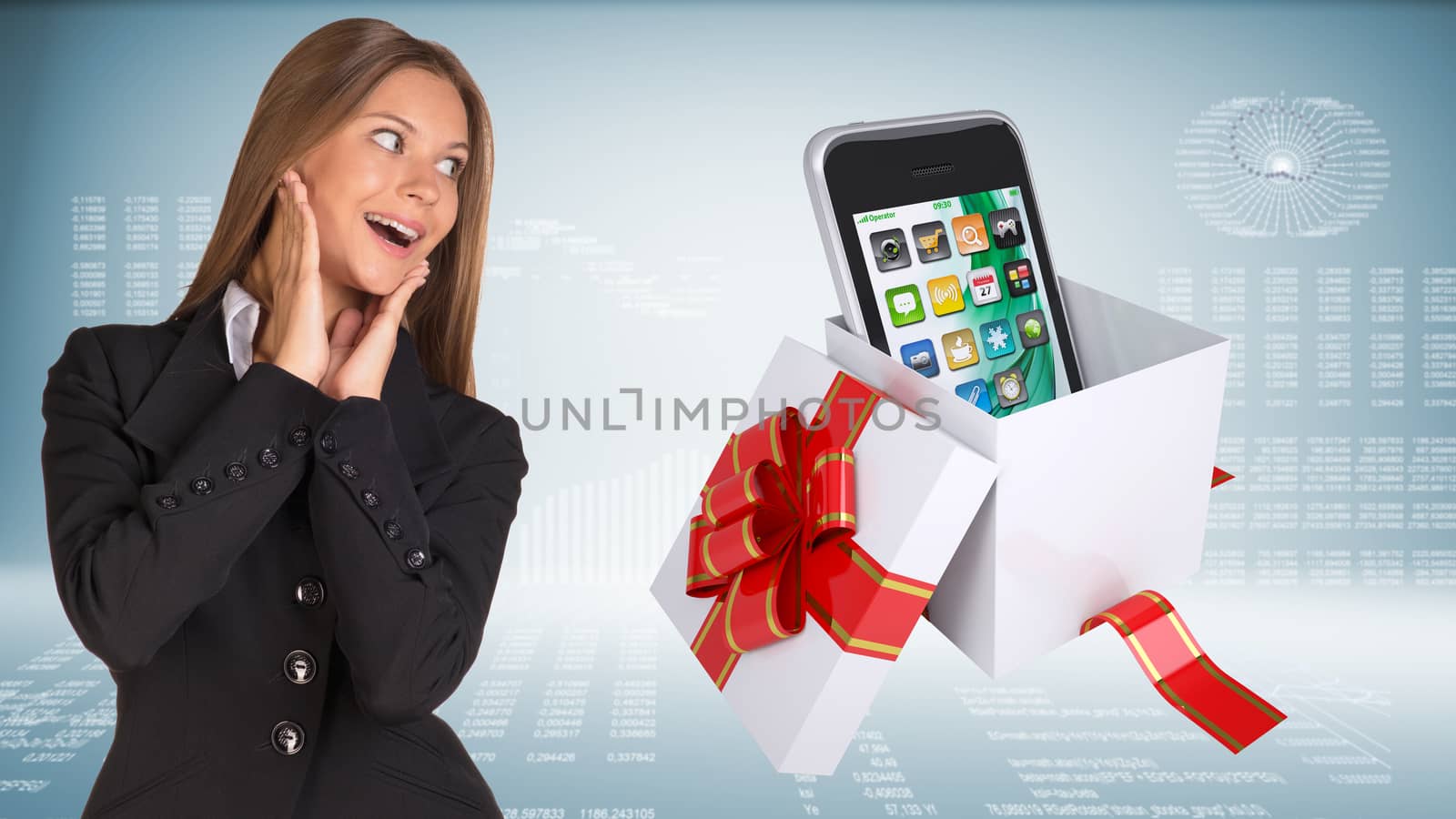 Businesswoman with joy holding hands near face. Open gift boxe with smart phone as backdrop