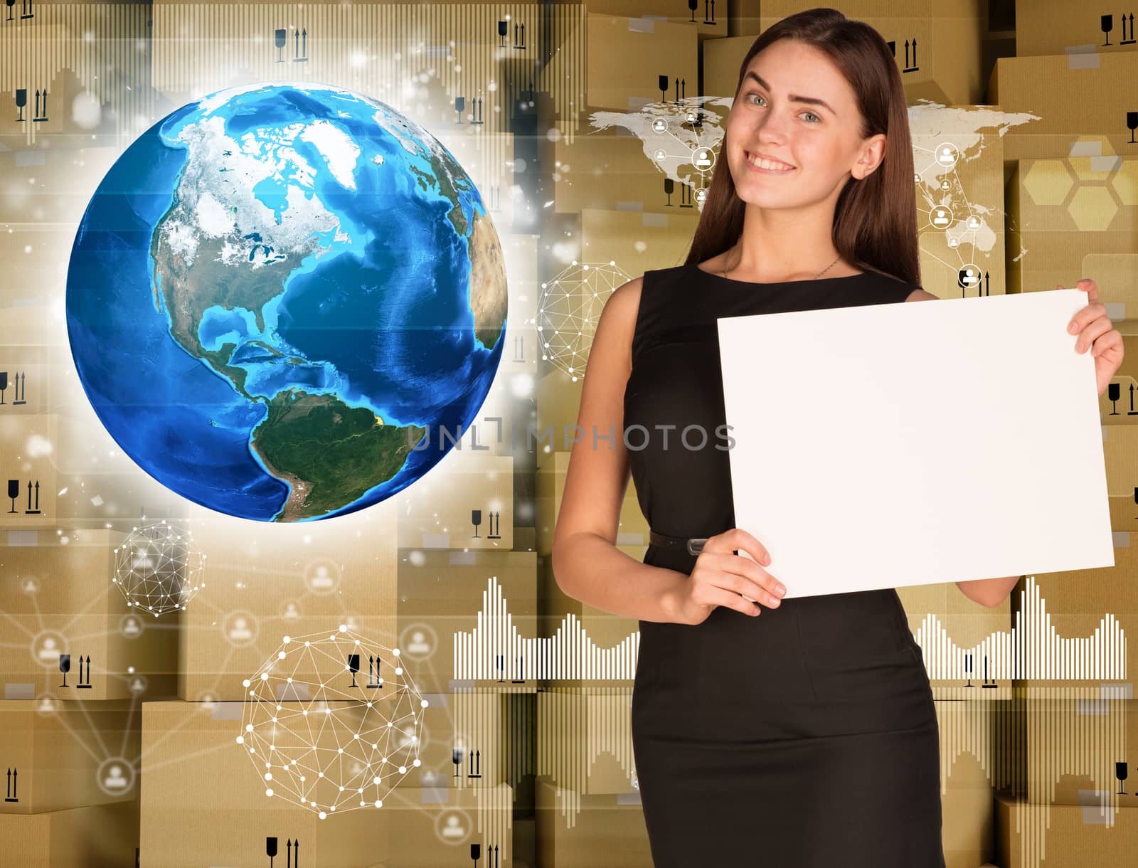 Businesswoman hold paper sheet. Earth and wall of cardboard boxes as backdrop. Element of this image furnished by NASA