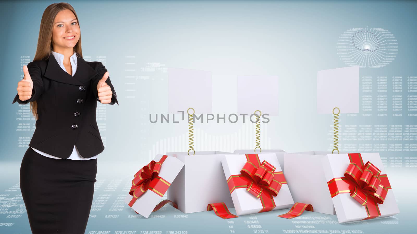 Businesswoman showing thumbs-up. Open gift boxes with blank labels as backdrop