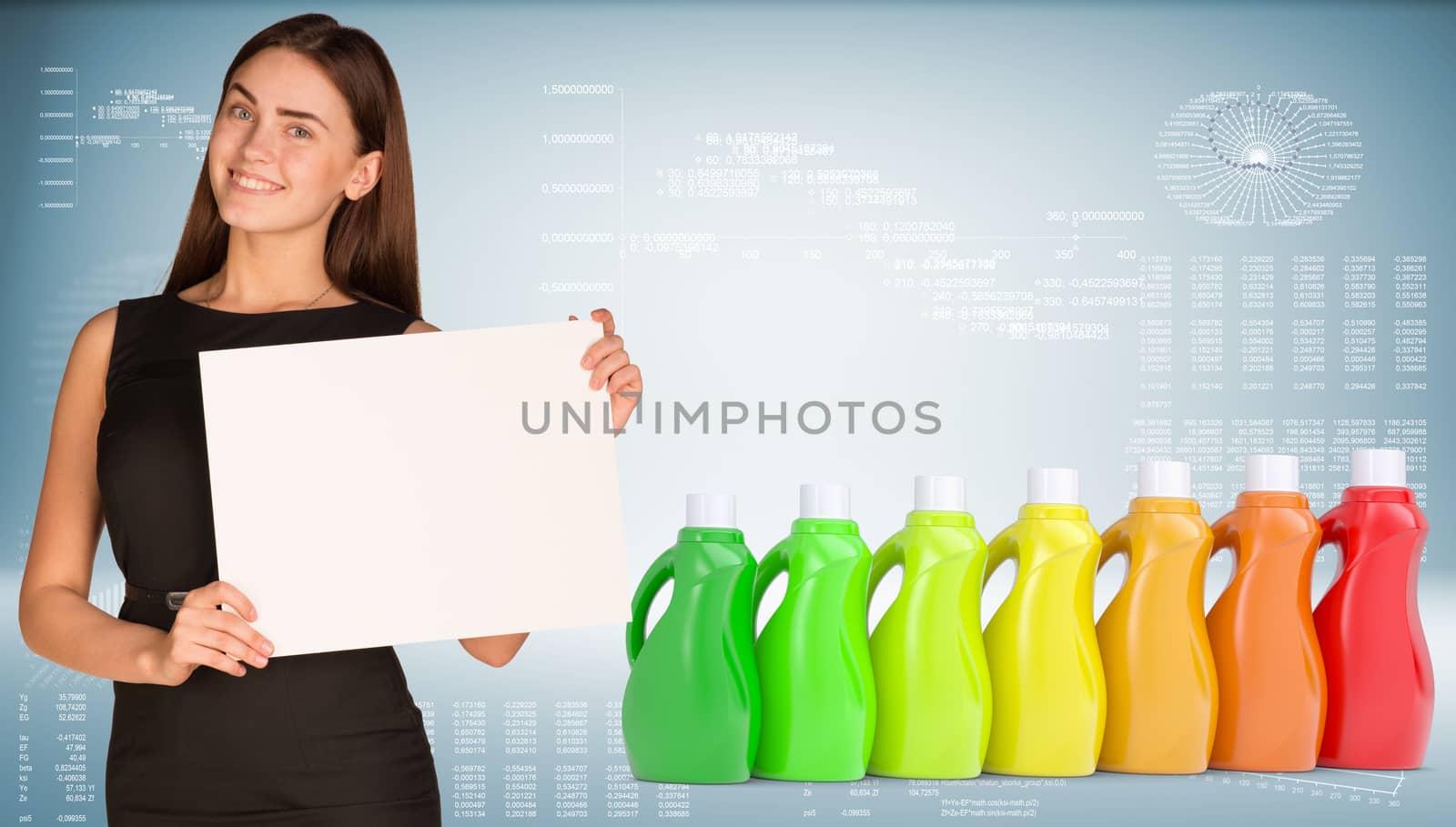 Businesswoman and several multi-colored bottles with household chemicals by cherezoff
