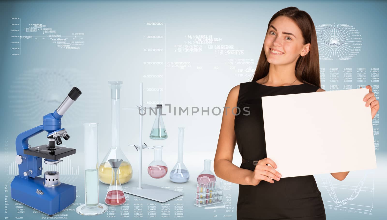 Businesswoman hold paper sheet. Microscope and flasks chemistry lab. Graphs, arrows and world map as backdrop