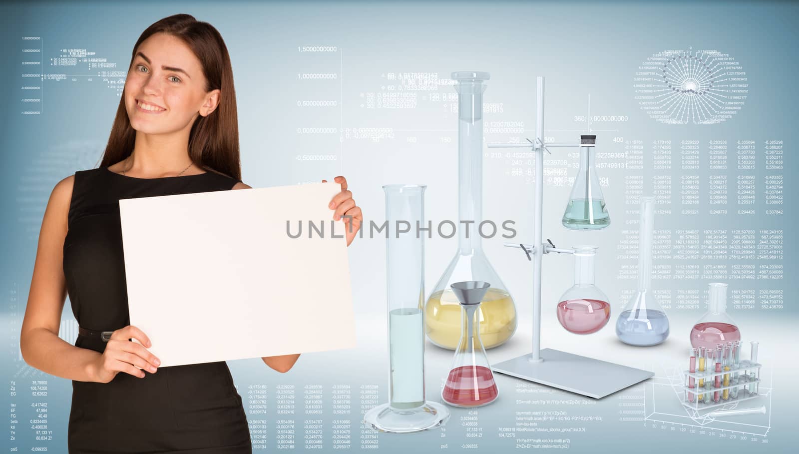 Businesswoman hold paper sheet. Flasks chemistry lab by cherezoff