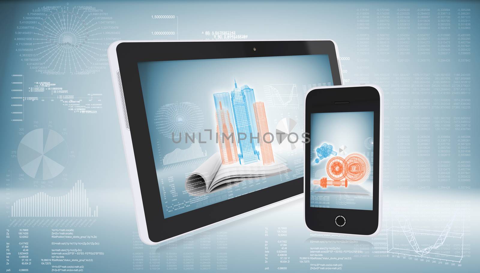 Tablet pc and smart phone. Graphs and text rows as backdrop