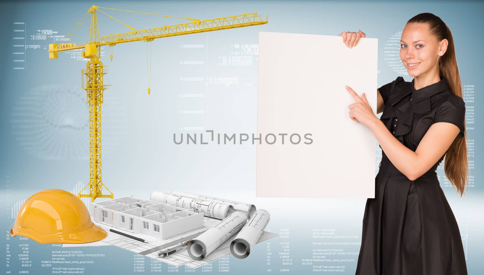 Businesswoman hold paper sheet. Tower crane and construction site as backdrop