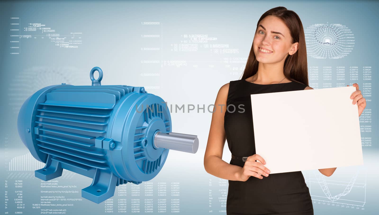 Businesswoman holding empty paper. Big blue motor as backdrop