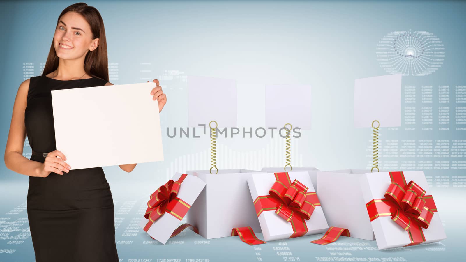 Businesswoman holding empty paper. Open gift boxes with blank labels by cherezoff