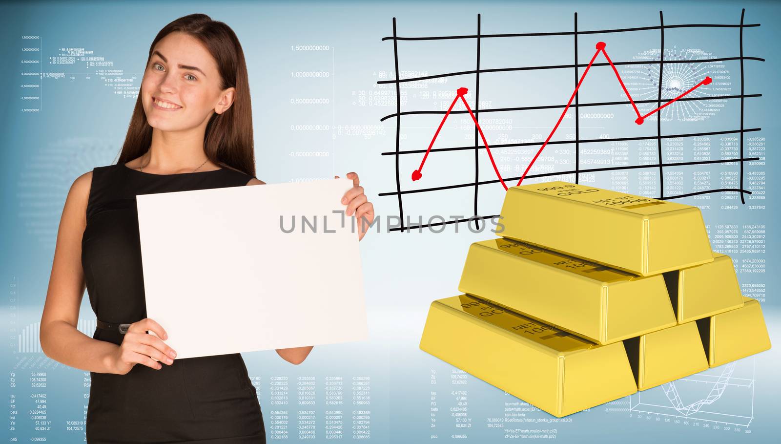 Businesswoman hold paper sheet. Gold bars by cherezoff
