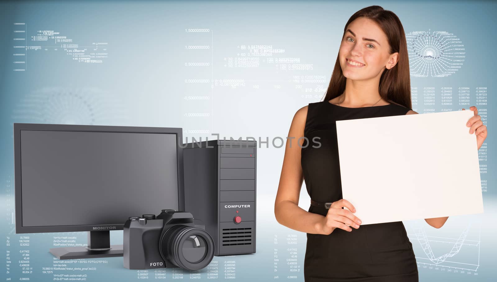 Businesswoman hold paper sheet. System unit, monitor and camera as backdrop