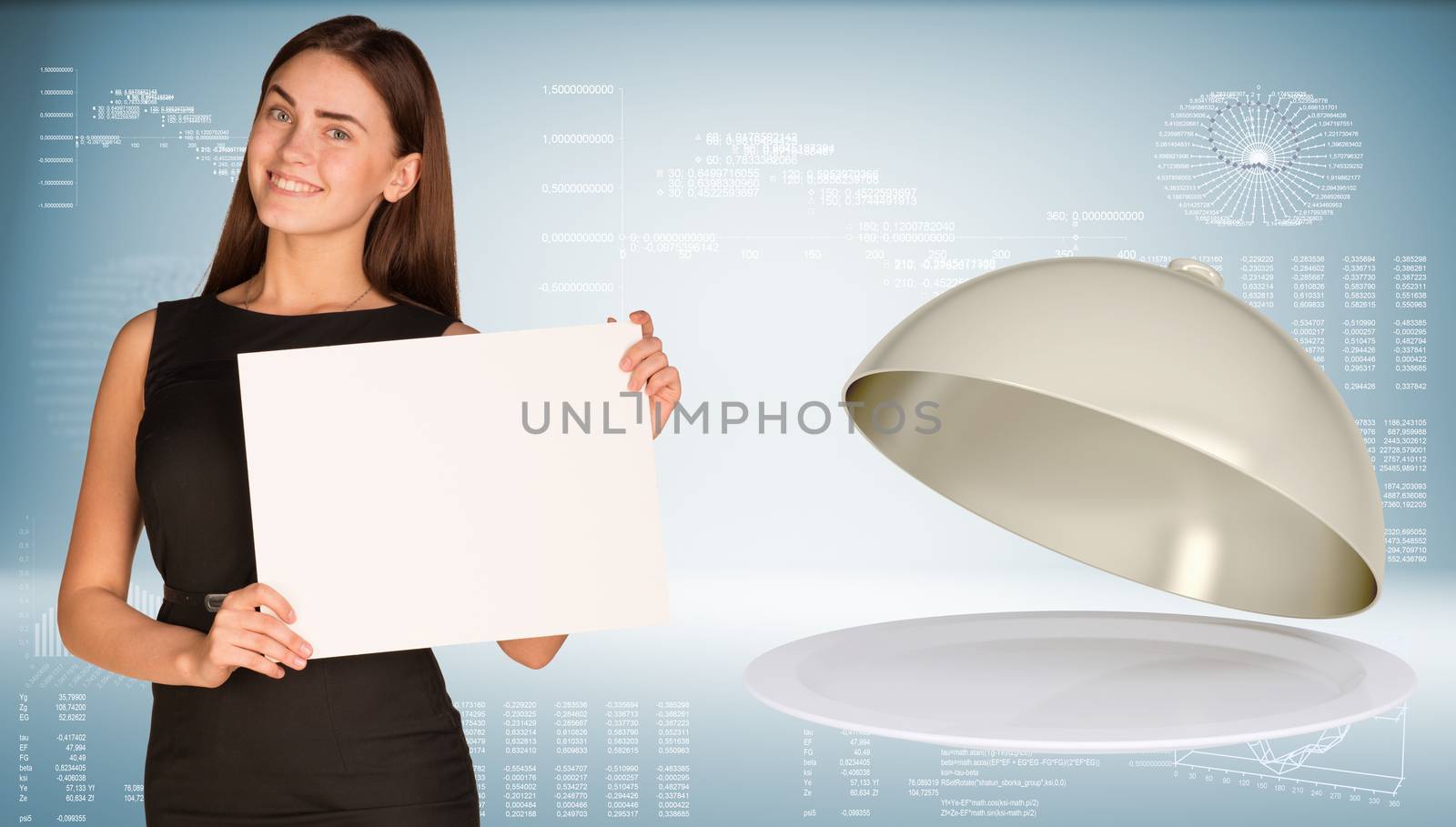 Businesswoman hold paper sheet. Dish with lid as backdrop