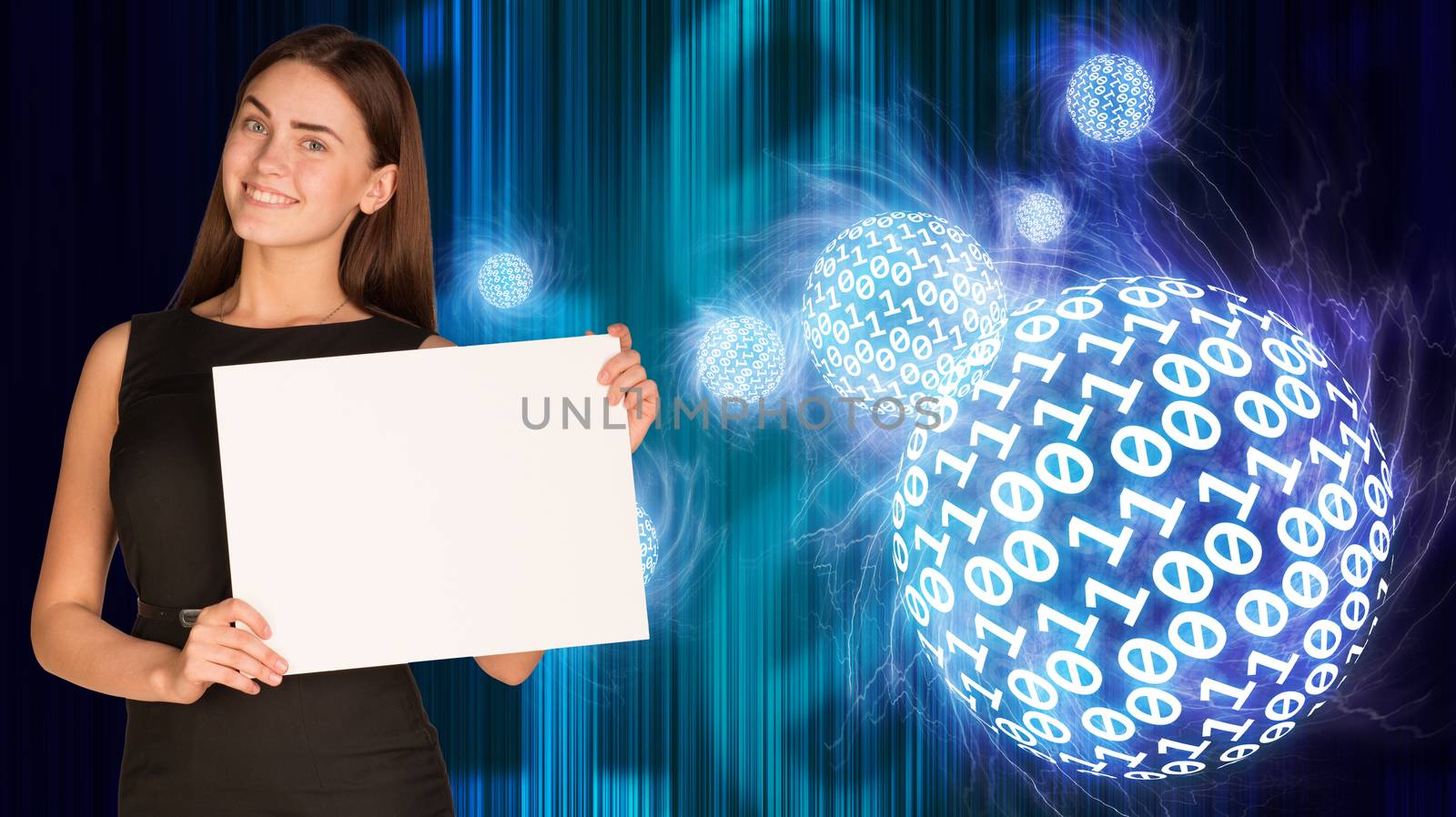 Businesswoman holding empty paper. Blue glowing figures as backdrop