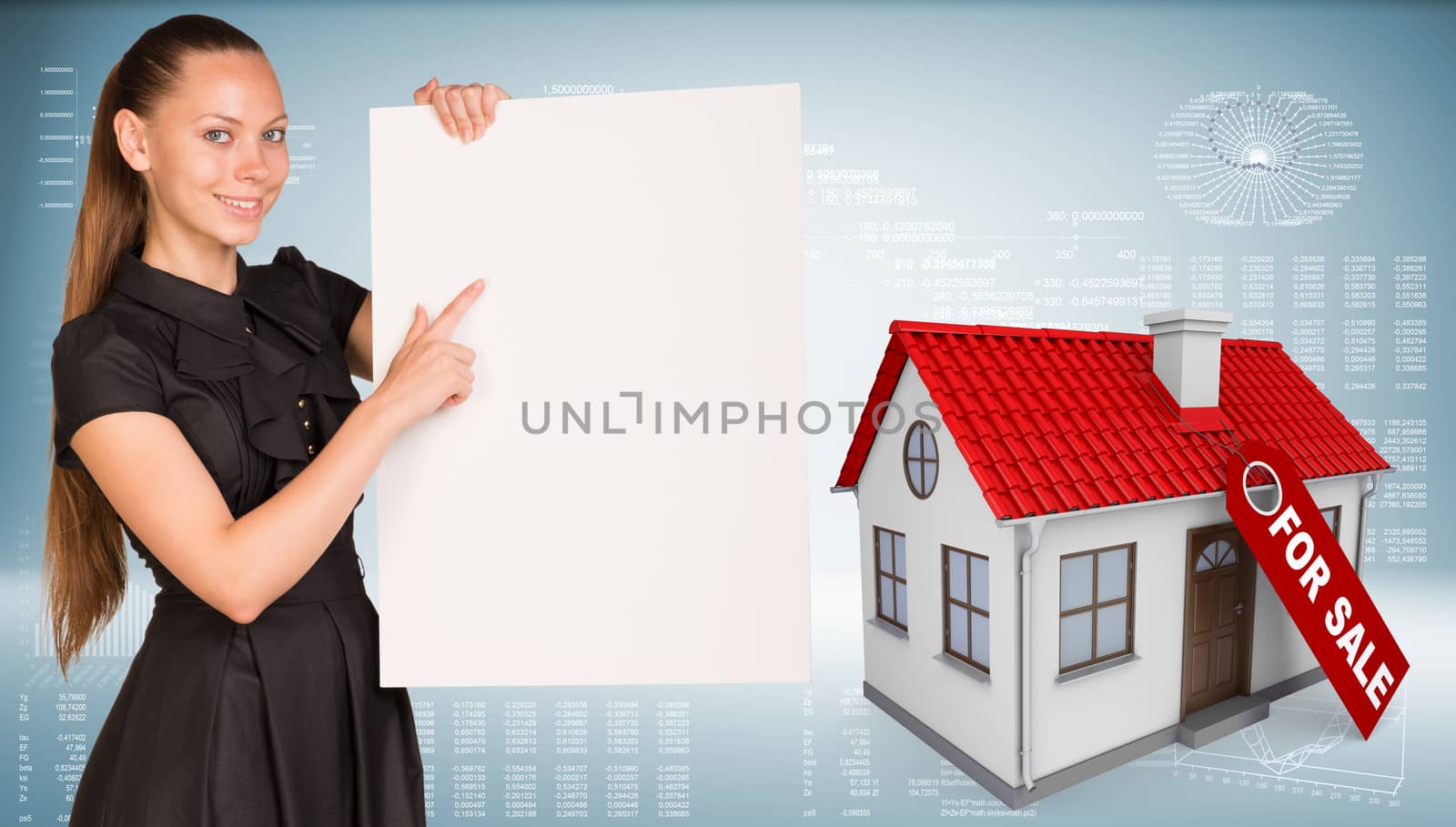 Businesswoman hold paper sheet. House with label as backdrop