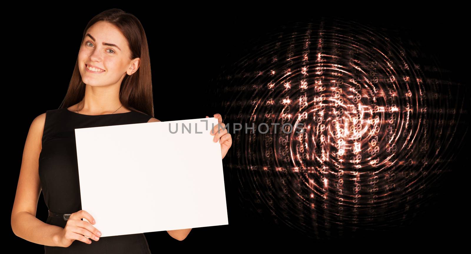 Businesswoman holding empty paper and glowing figures by cherezoff