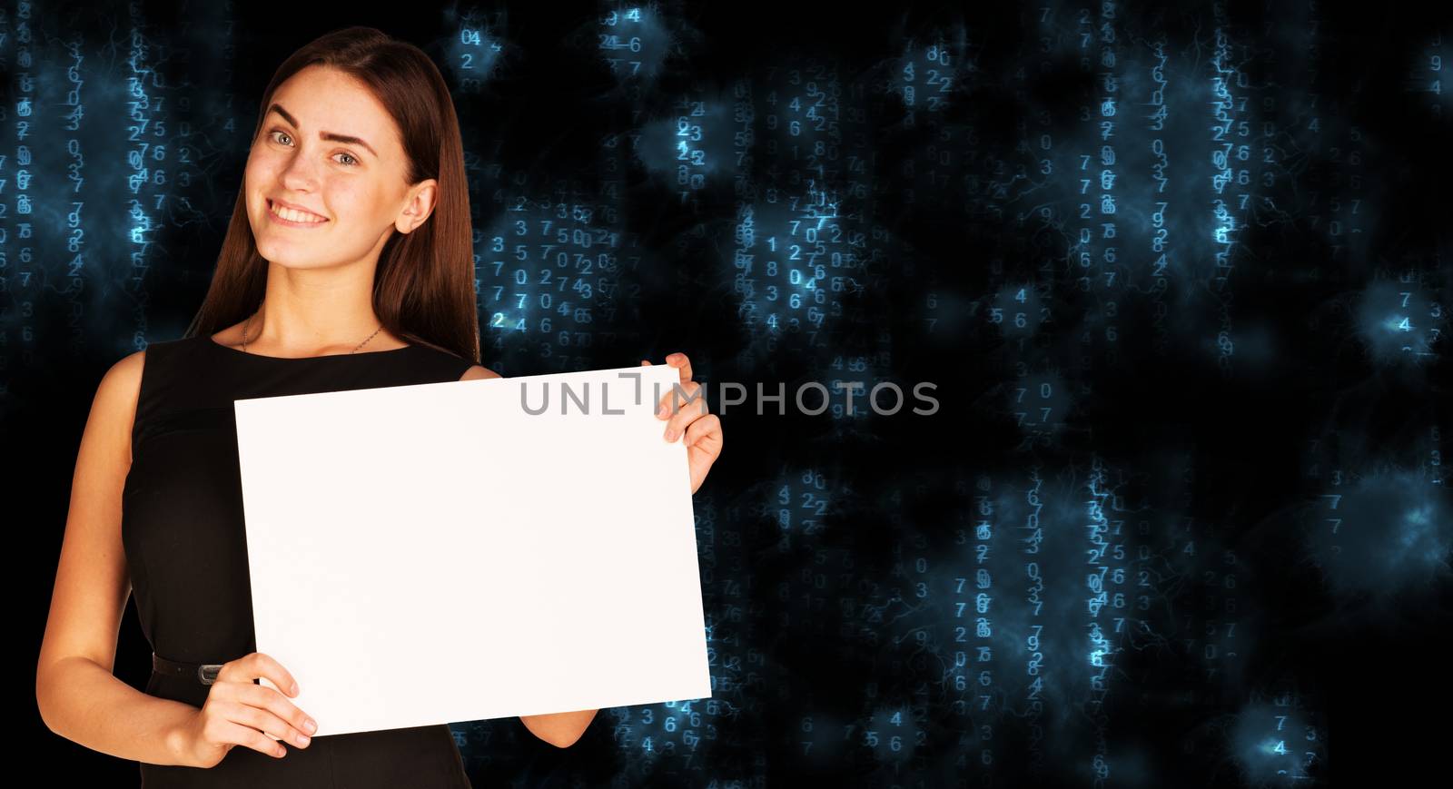 Businesswoman holding empty paper. Blue glowing figures as backdrop