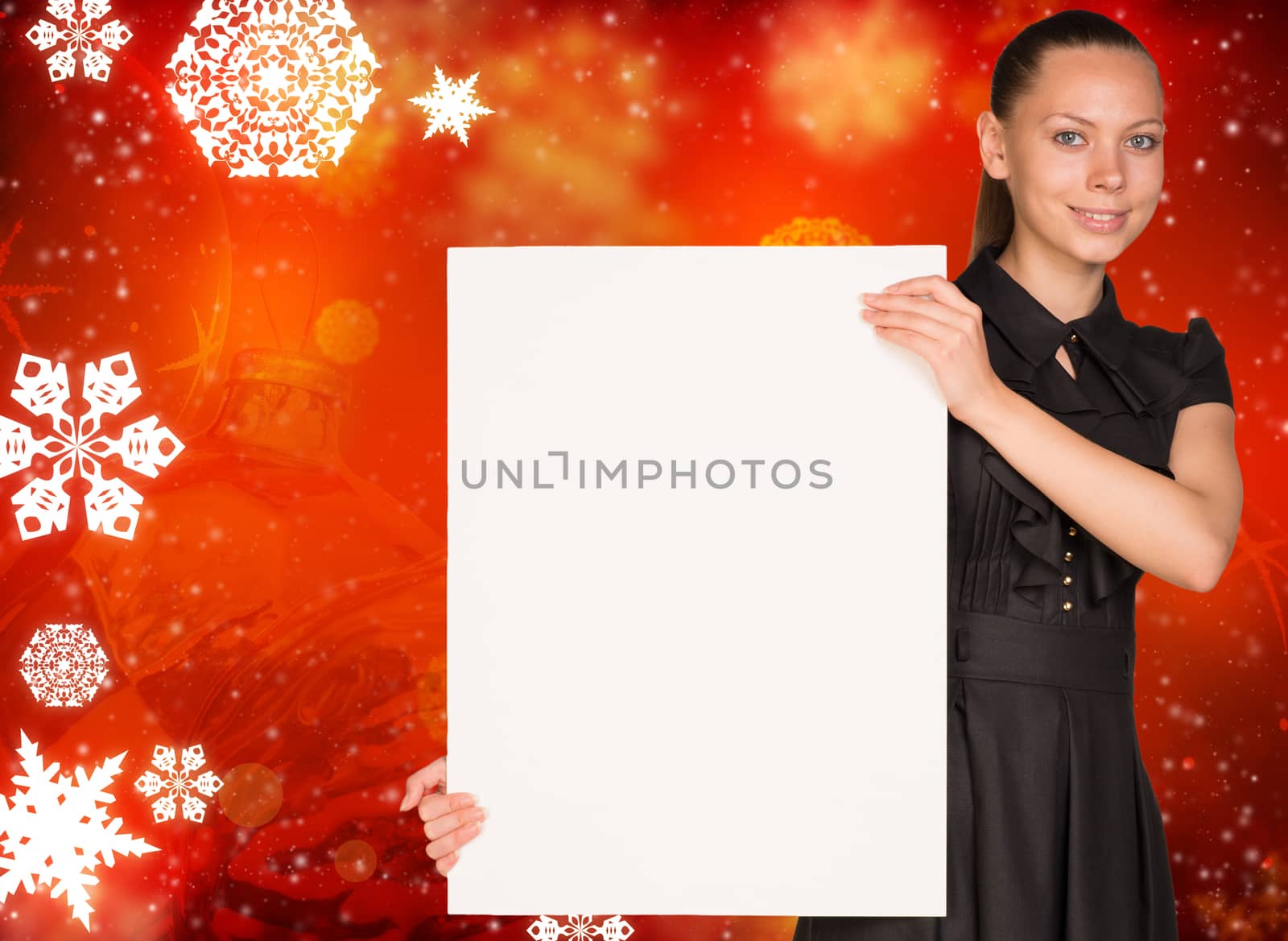 Businesswoman holding empty paper. Abstract christmas backgrond