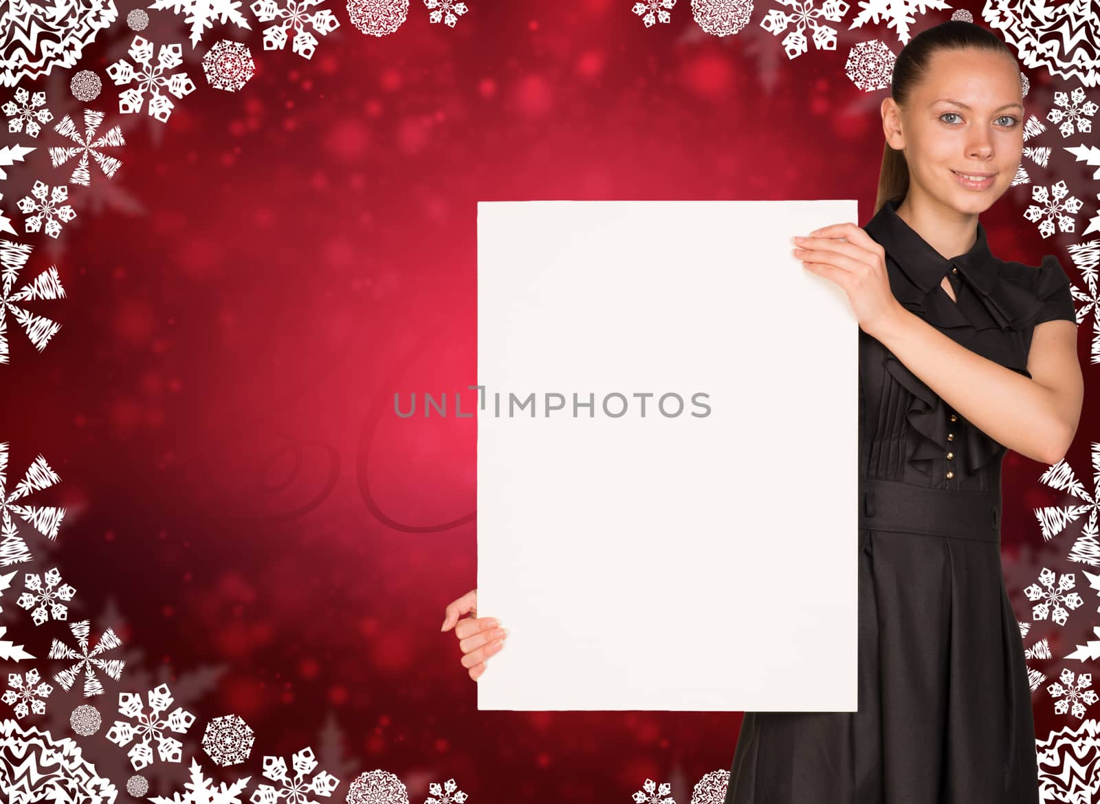 Businesswoman holding empty paper. Abstract christmas backgrond