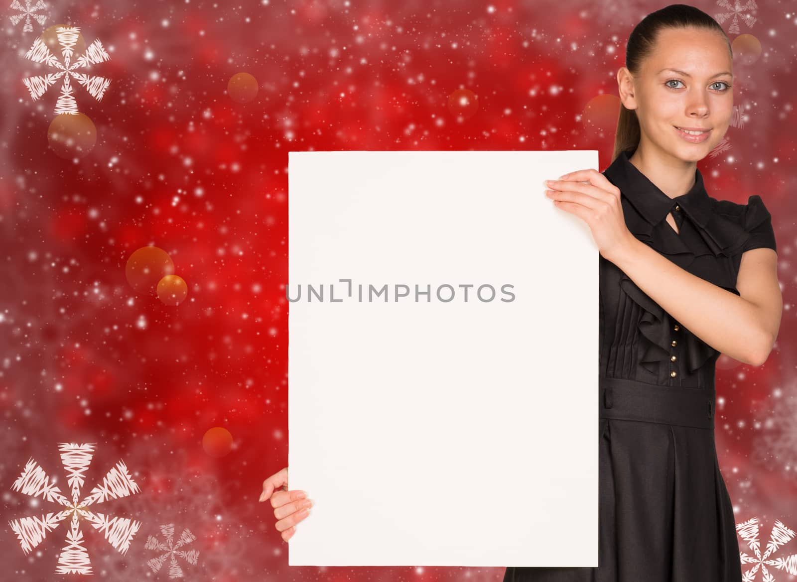 Businesswoman holding empty paper. Abstract christmas backgrond