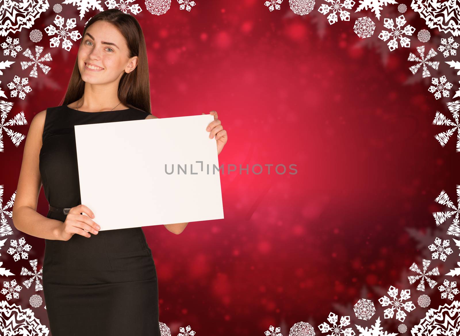 Businesswoman holding empty paper. Abstract christmas backgrond