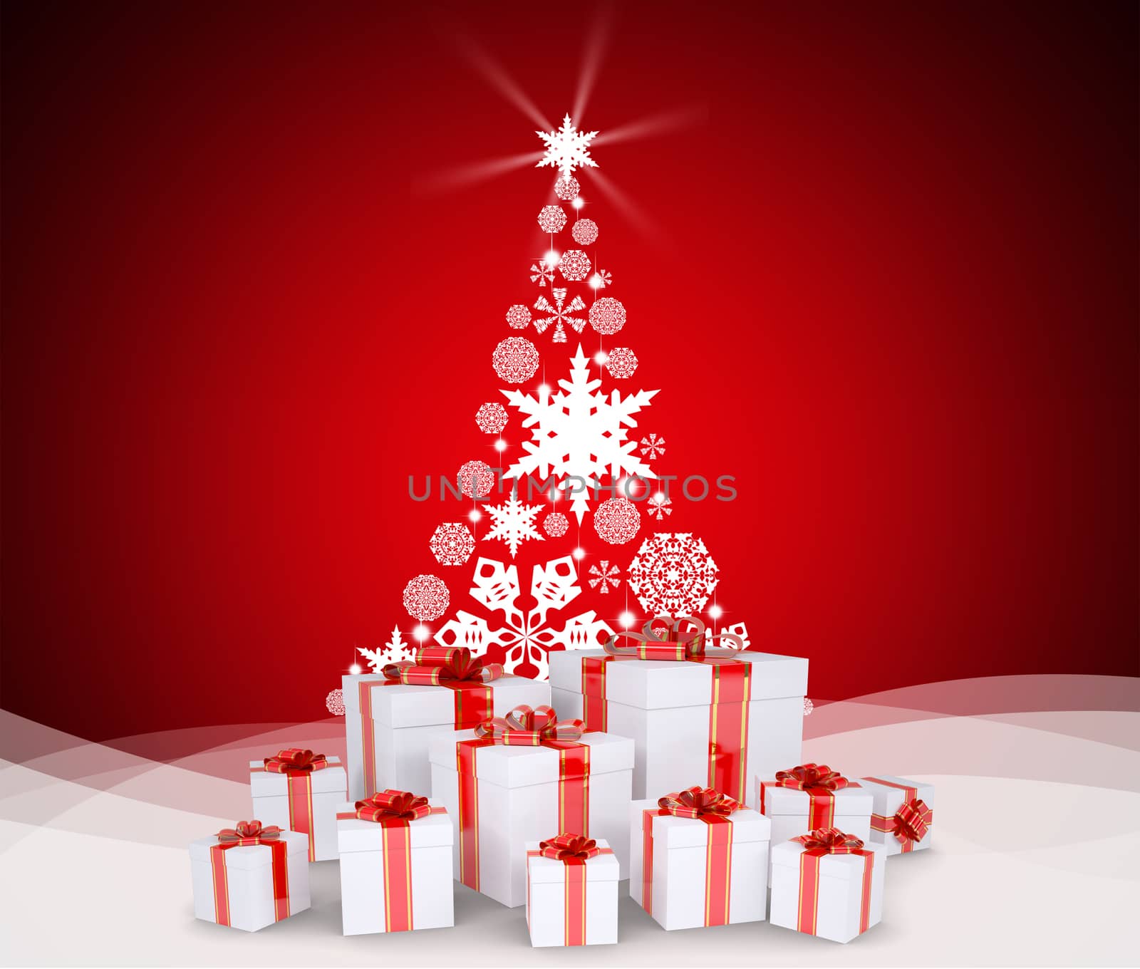 Christmas tree and gifts on snow. Red background