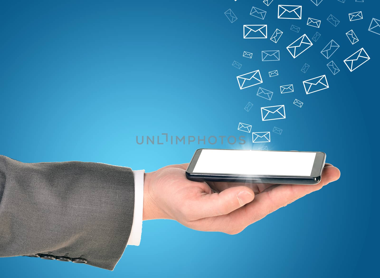 Man hands using smart phone with flying envelopes by cherezoff