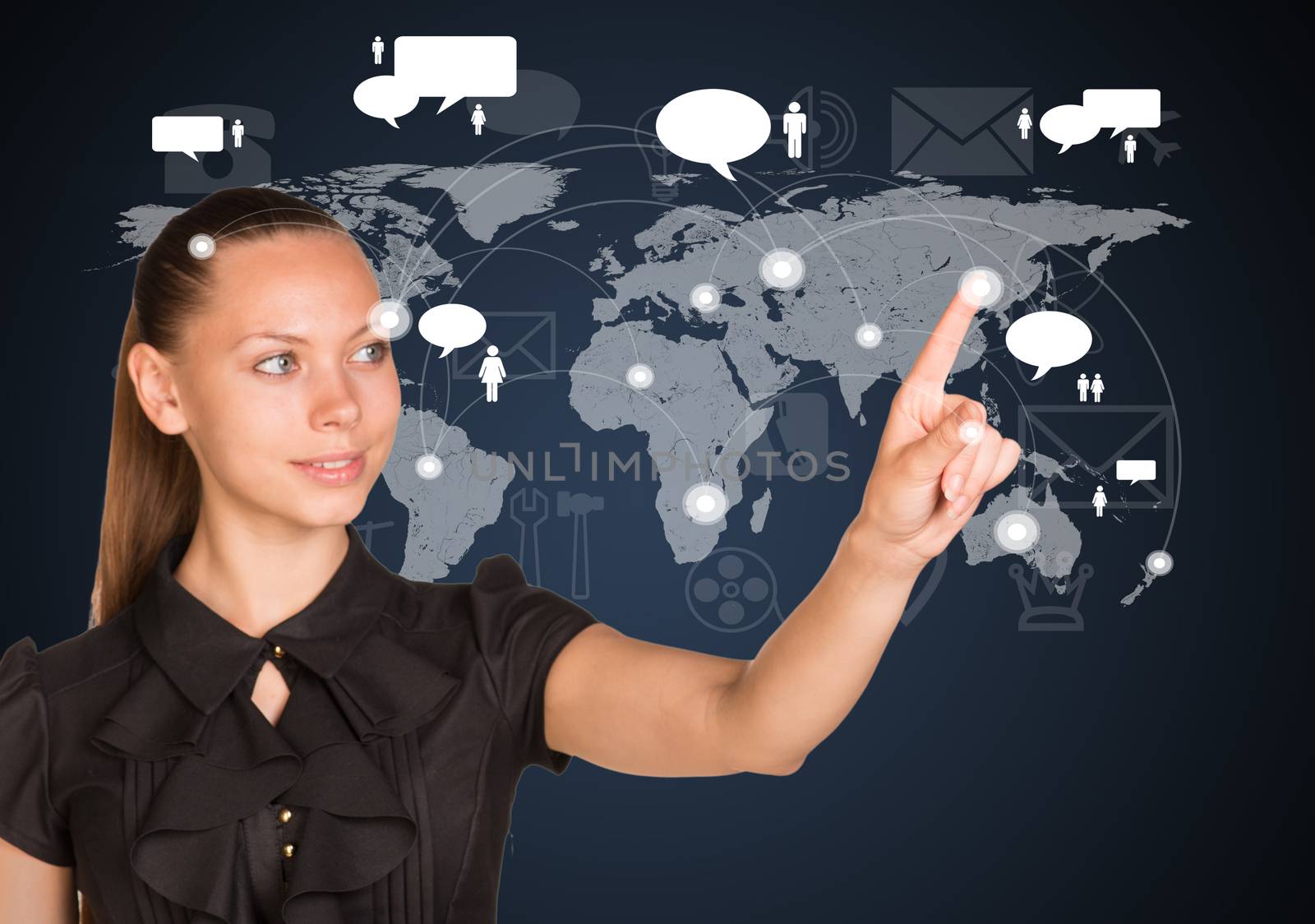 Businesswoman point finger at world map by cherezoff