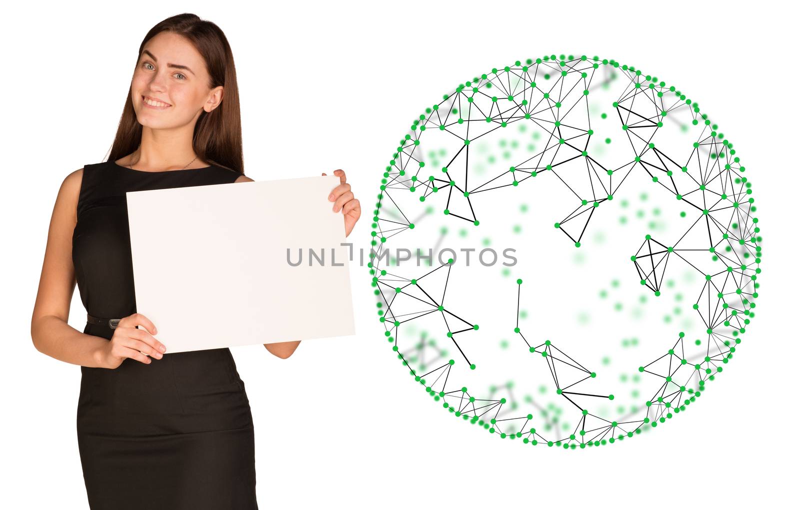 Businesswoman hold empty paper and wire frame sphere. White background. Network concept