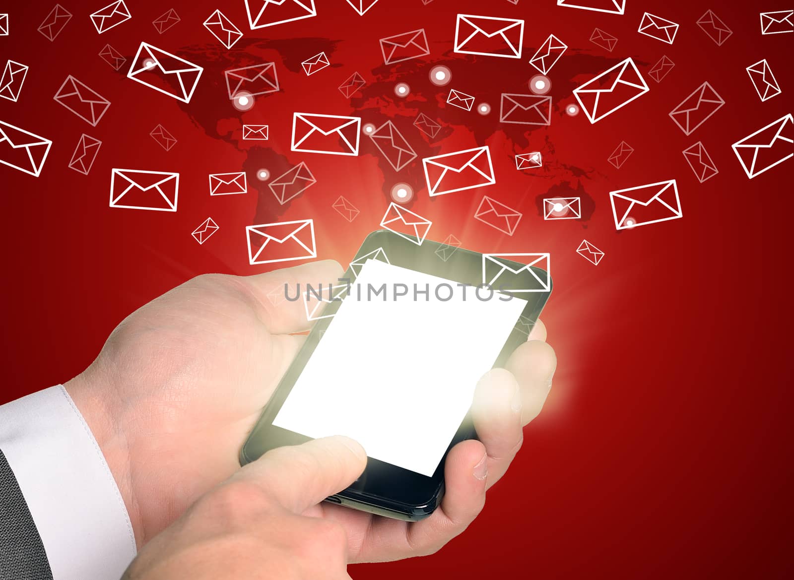 Man hands using smart phone with flying envelopes by cherezoff