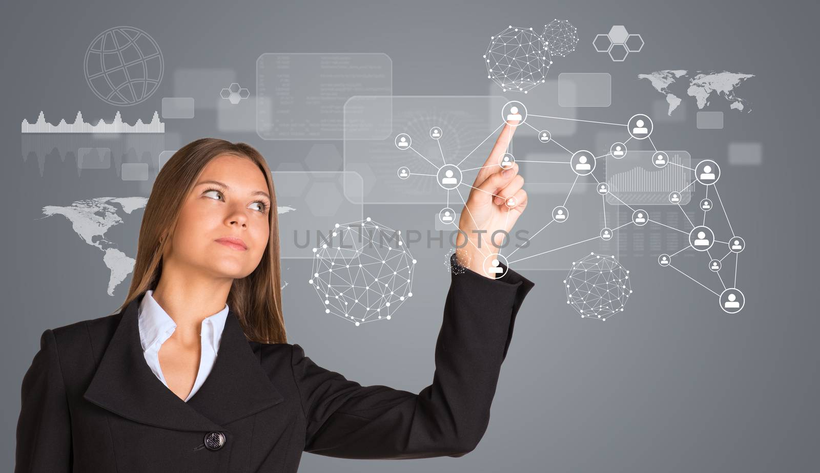 Beautiful businesswoman in suit pointing finger on network with people icons by cherezoff